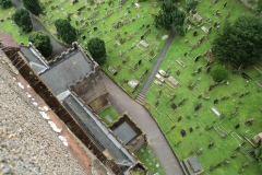 View from top of church tower looking down on porch.